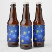XMAS Blue Background with Golden Snowflakes Bier Etiket (Flessen)