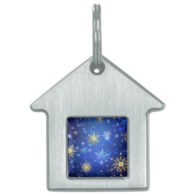 XMAS Blue Background with Golden Snowflakes Huisdieren Naamplaatje (Voorkant)