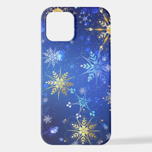 XMAS Blue Background with Golden Snowflakes iPhone 12 Hoesje