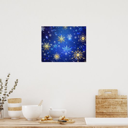 XMAS Blue Background with Golden Snowflakes Poster (Keuken)