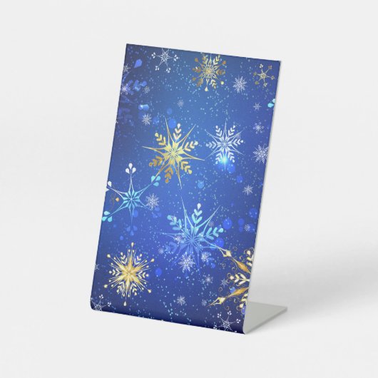 XMAS Blue Background with Golden Snowflakes Reclamebord Met Voetstuk (Voorkant)