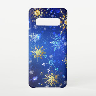 XMAS Blue Background with Golden Snowflakes Samsung Galaxy S10 Hoesje