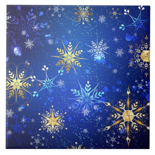 XMAS Blue Background with Golden Snowflakes Tegeltje (Voorkant)