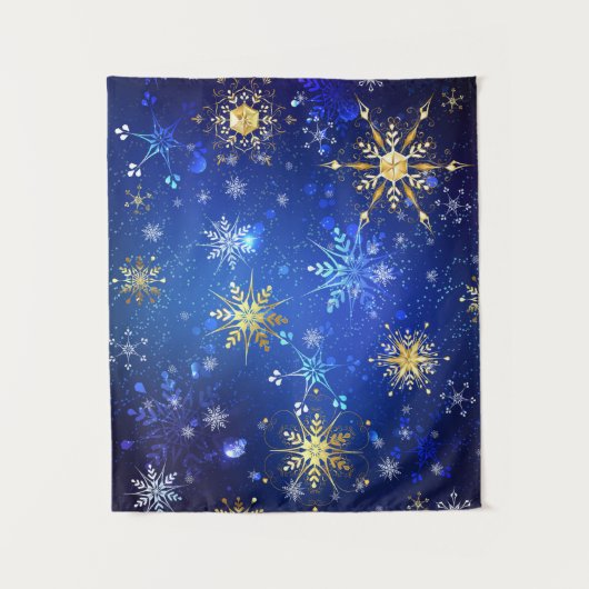 XMAS Blue Background with Golden Snowflakes Wandkleed (Voorkant)