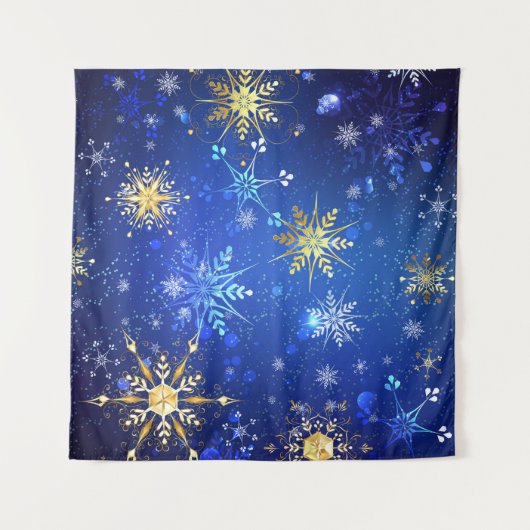 XMAS Blue Background with Golden Snowflakes Wandkleed (Voorkant (horizontaal))