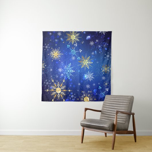 XMAS Blue Background with Golden Snowflakes Wandkleed (In Situ (horizontaal))
