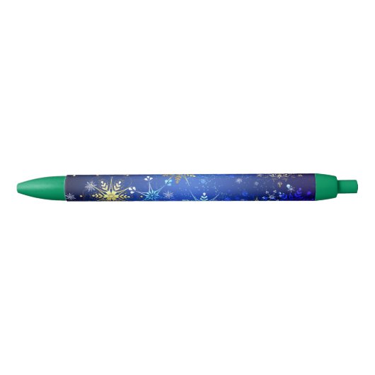 XMAS Blue Background with Golden Snowflakes Zwarte Inkt Pen (Voorkant)
