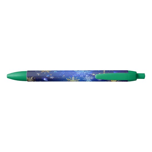 XMAS Blue Background with Golden Snowflakes Zwarte Inkt Pen (Achterkant)