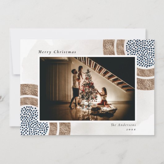 Xmas Boho Chic Blue Geometric Photo Holiday Card Feestdagenkaart (Voorkant)