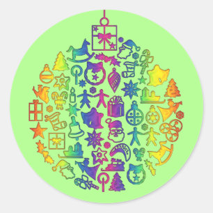 Xmas - Boom- Bal met Kerst Iconen 1 Ronde Sticker