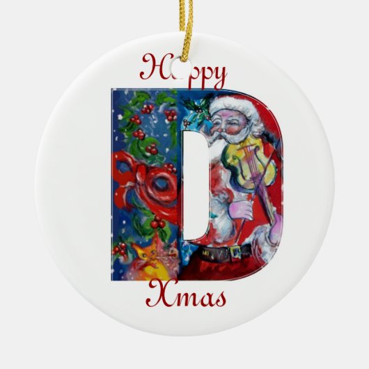 XMAS D LETTER/SANTA CLAUS MET VIOLIN MONOGRAM KERAMISCH ORNAMENT (Voorkant)