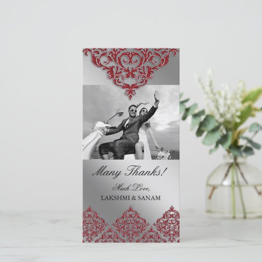 Xmas Dank u fotokaart Indische Damast Rood Bedankkaart (Staand voorkant)