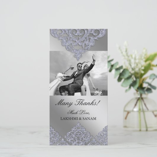 Xmas Dank u Photocard Indian Damask Silver Bedankkaart (Staand voorkant)