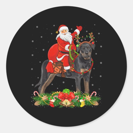 Xmas Decor Funny Santa Riding Rottweiler Dog Chris Ronde Sticker (Voorkant)