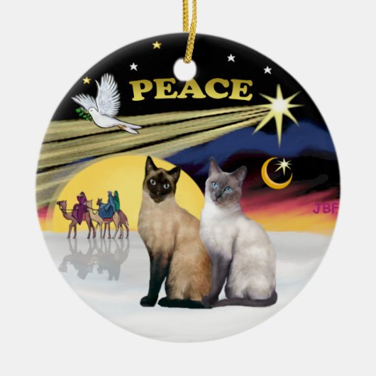 Xmas Dove - Twee Siamese katten (Choc+Blue) Keramisch Ornament (Voorkant)