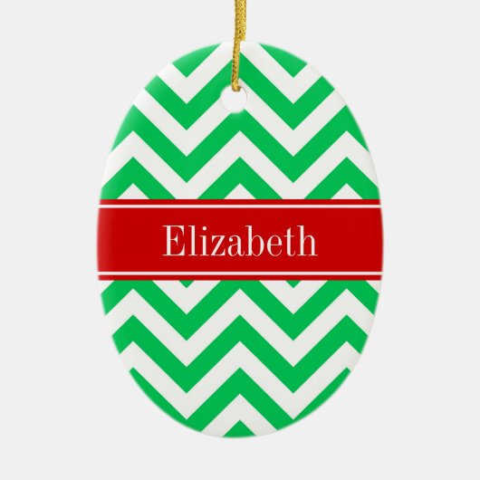 Xmas Emerald White LG Chevron Red Name Monogram Keramisch Ornament (Voorkant)