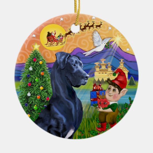 Xmas Fantasy* - Blue Great Dane (natuurlijke oren) Keramisch Ornament (Voorkant)