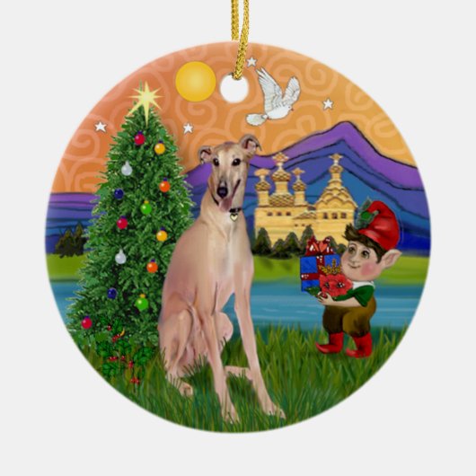 Xmas Fantasy - Fawn Greyhound (zittend) Keramisch Ornament (Voorkant)
