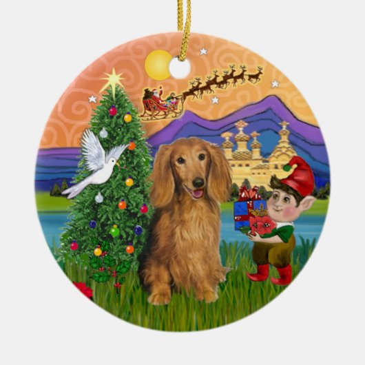 Xmas Fantasy - langharige Sable teckel Keramisch Ornament (Voorkant)