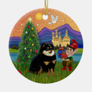 Xmas Fantasy - Pomeranian (zwart & rood) Keramisch Ornament