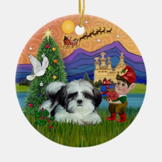 Xmas Fantasy - Shih Tzu (zwart-wit) Keramisch Ornament (Voorkant)