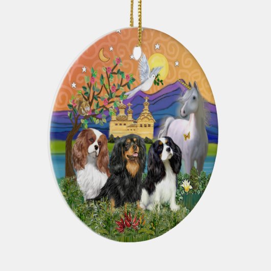Xmas Fantasy-Three Cavalier King Charles Spaniel Keramisch Ornament (Rechts)