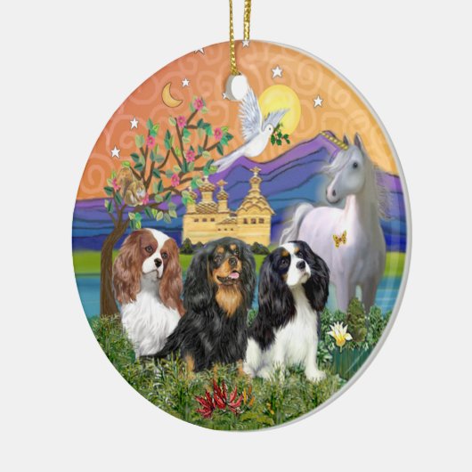Xmas Fantasy-Three Cavalier King Charles Spaniel Keramisch Ornament (Links)