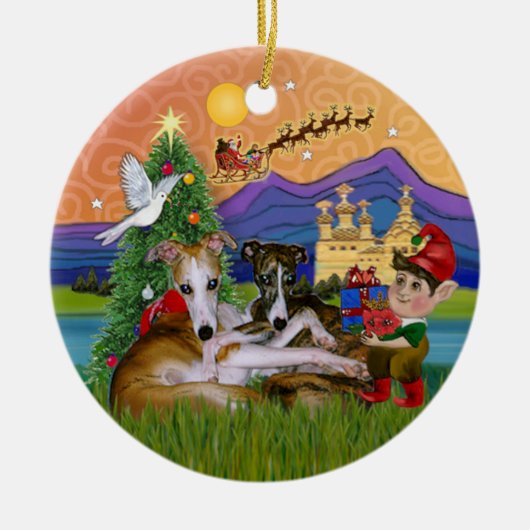 Xmas Fantasy - Twee Whippets Keramisch Ornament (Voorkant)