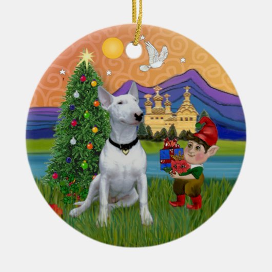Xmas Fantasy - Witte Bull Terrier (P) Keramisch Ornament (Voorkant)