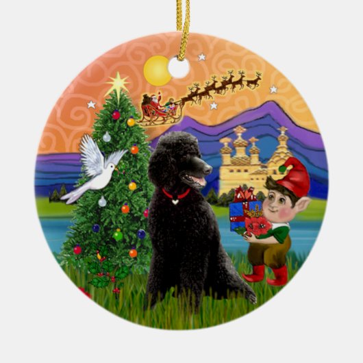 Xmas Fantasy - Zwarte Standard Poodle Keramisch Ornament (Voorkant)