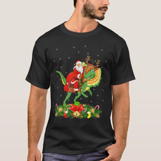Xmas Funny Santa Riding Dilophosaurus Dinosaur Chr T-shirt (Voorkant)