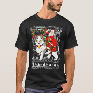Xmas Funny Santa Riding Scottish Fold Cat Ugly Chr T-shirt