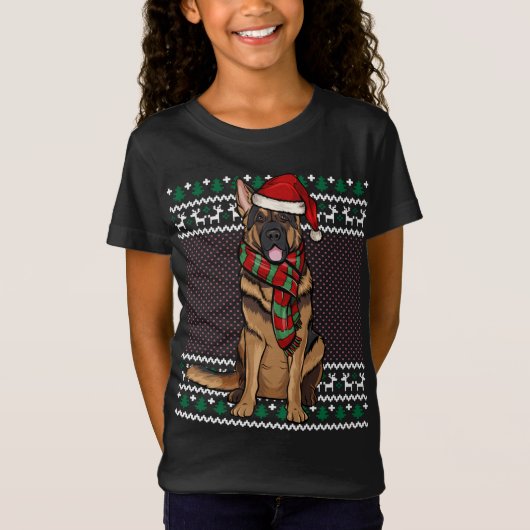 Xmas German Shepherd Dog Santa Hat Ugly Kerstmis T-shirt (Voorkant)