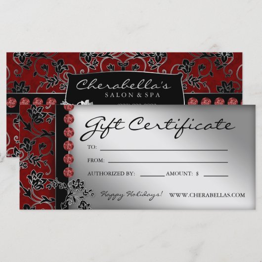 Xmas Gift Certificates Salon Spa Silver Red Floral (Voorkant / Achterkant)