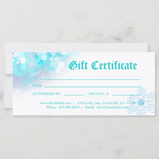Xmas Gift Certificates Spa Blue Snow Jewelry (Achterkant)