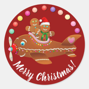 Xmas Gingerbread Airplane Cartoon Ronde Sticker