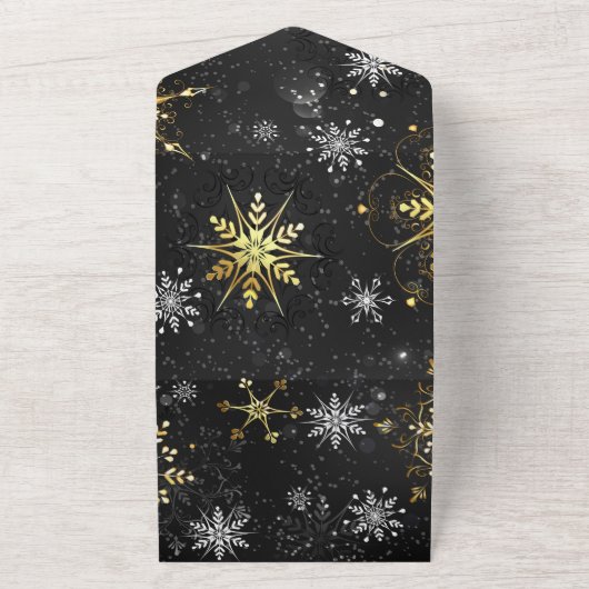 Xmas Golden Snowflakes on Black Background All In One Uitnodiging (Buitenkant)