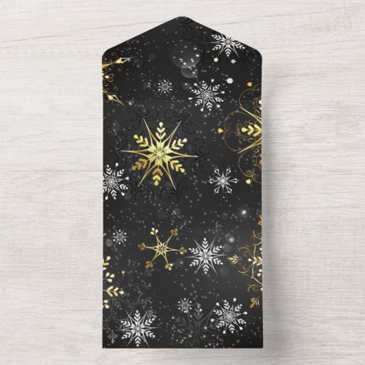 Xmas Golden Snowflakes on Black Background All In One Uitnodiging (Binnen)