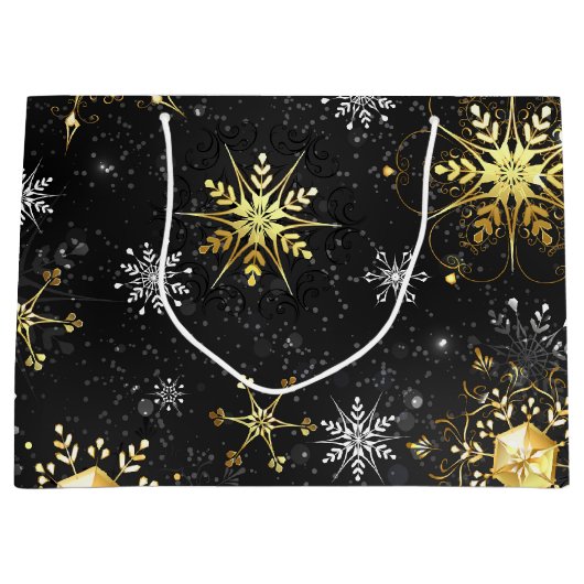 Xmas Golden Snowflakes on Black Background Groot Cadeauzakje (Voorkant)