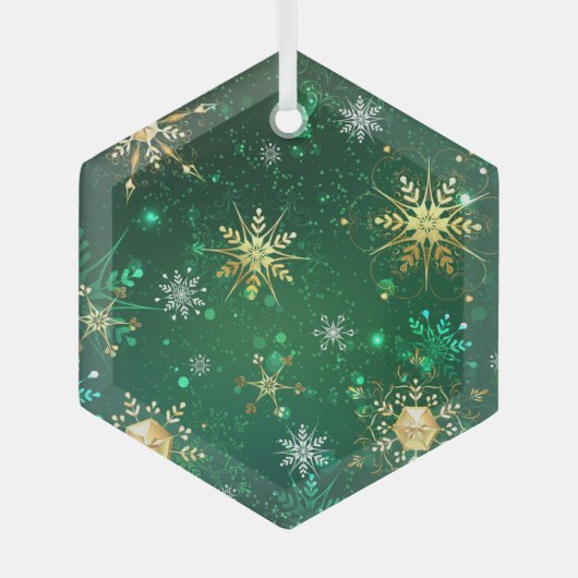 Xmas Golden Snowflakes op groen achtergrondetiket Glas Ornament (Voorkant)