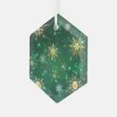 Xmas Golden Snowflakes op groen achtergrondetiket Glas Ornament (Voorkant links)