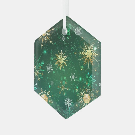 Xmas Golden Snowflakes op groen achtergrondetiket Glas Ornament (Voorkant links)