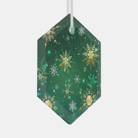 Xmas Golden Snowflakes op groen achtergrondetiket Glas Ornament (Voorkant Rechts)