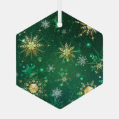 Xmas Golden Snowflakes op groen achtergrondetiket Glas Ornament (Achterkant)