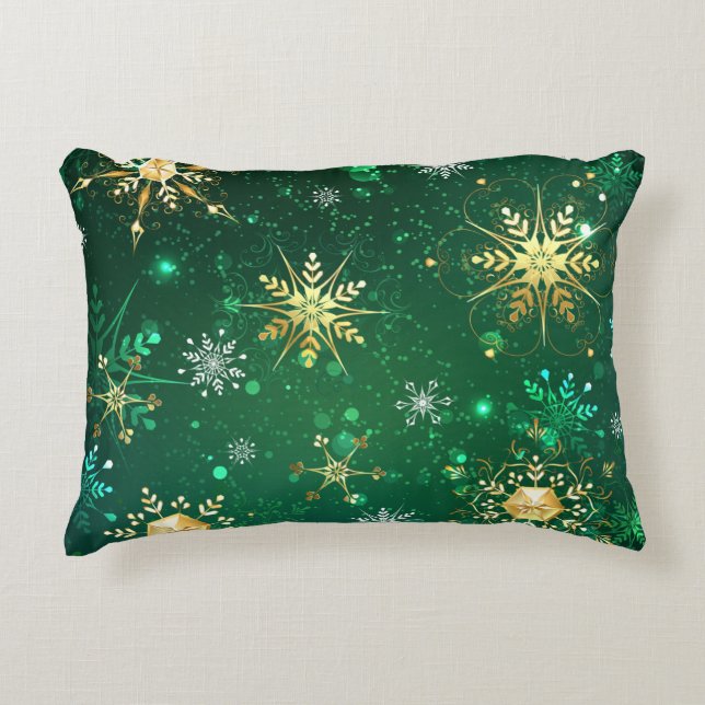 Xmas Golden Snowflakes op groene achtergrond Accent Kussen (Voorkant)