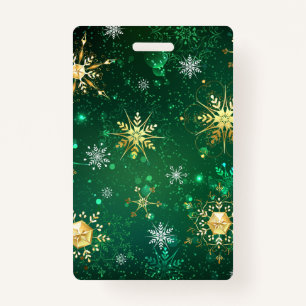 Xmas Golden Snowflakes op groene achtergrond Badge