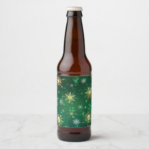 Xmas Golden Snowflakes op groene achtergrond Bier Etiket