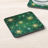 Xmas Golden Snowflakes op groene achtergrond Bier Onderzetter (Linkerzijde)