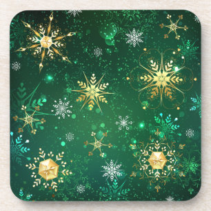 Xmas Golden Snowflakes op groene achtergrond Bier Onderzetter