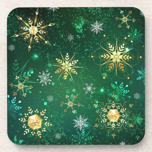 Xmas Golden Snowflakes op groene achtergrond Bier Onderzetter (Voorkant)